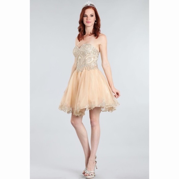 SWEETHEART Champagne with Gold Lace Dress - Picture 2 of 6